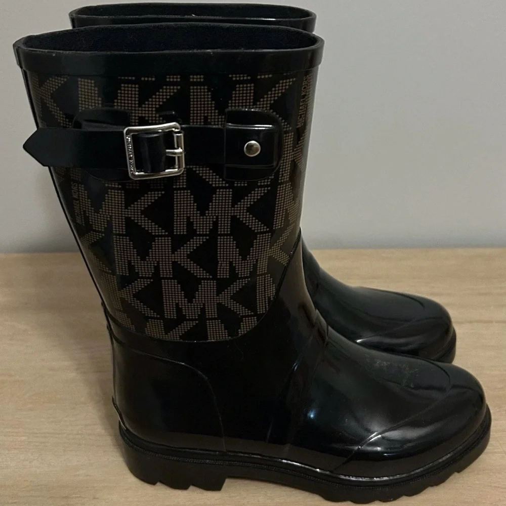 Michael Kors Monogram Print Black and Brown Buckle‎ Rain Boots Preppy Luxe Style